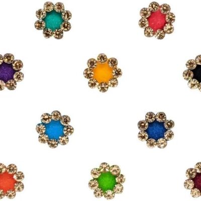 Multicolor Velvet Round Bindi with Gold Stone Border Fashionable Trendy Bindi for Womens and Girls for Festive ocaasion, Small