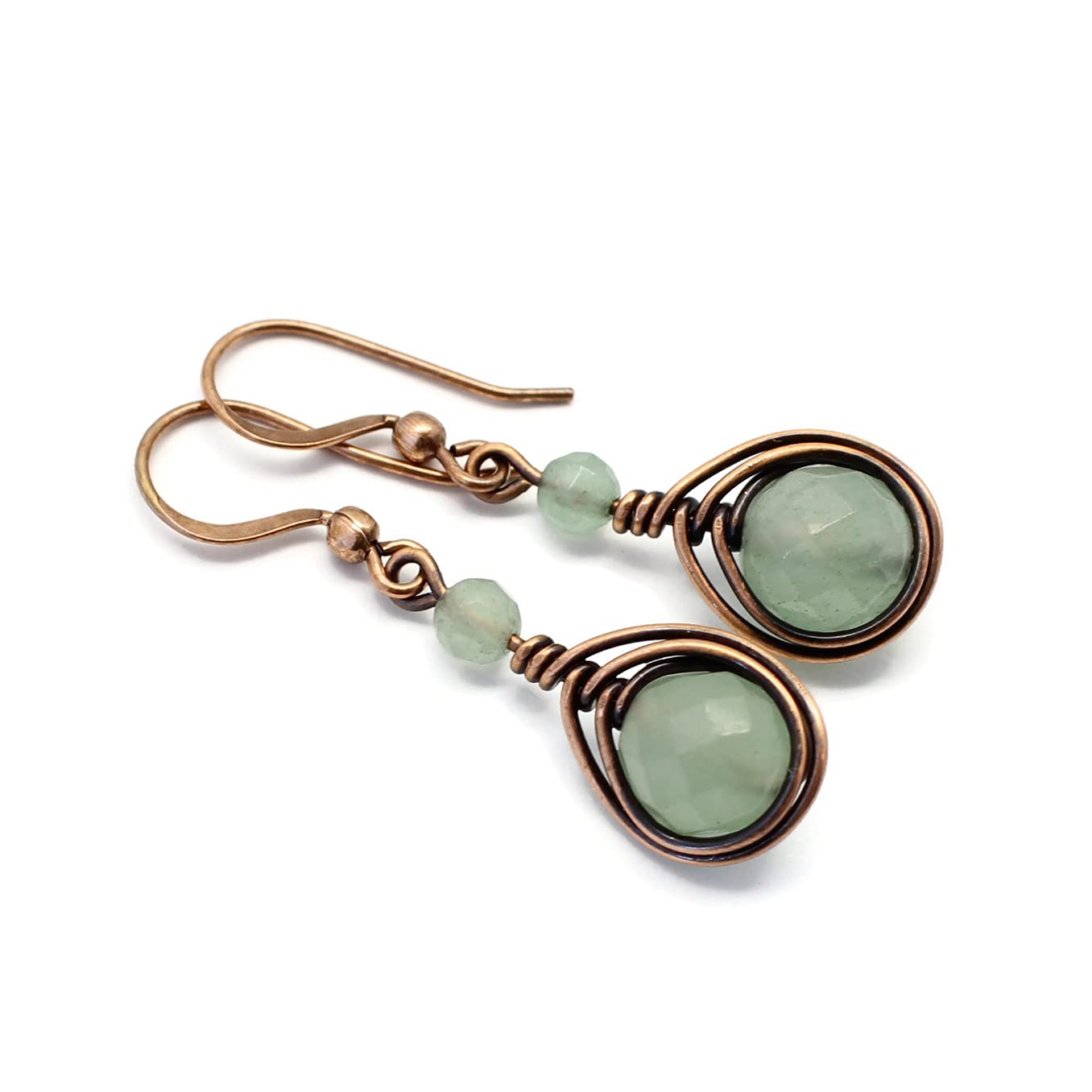 Handcrafted Solid Copper Earrings with Green Aventurine Gemstone (Antiqued Copper, 1" drop)