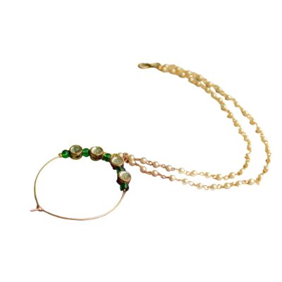 Handmade Indian Tradtional Nath With Hair Chain Golden Pierce Nose Ring With Hair Chain Designer Bridal Jewelry Nathani Stylish Nose Ring (Green Beads Kundan Nath)