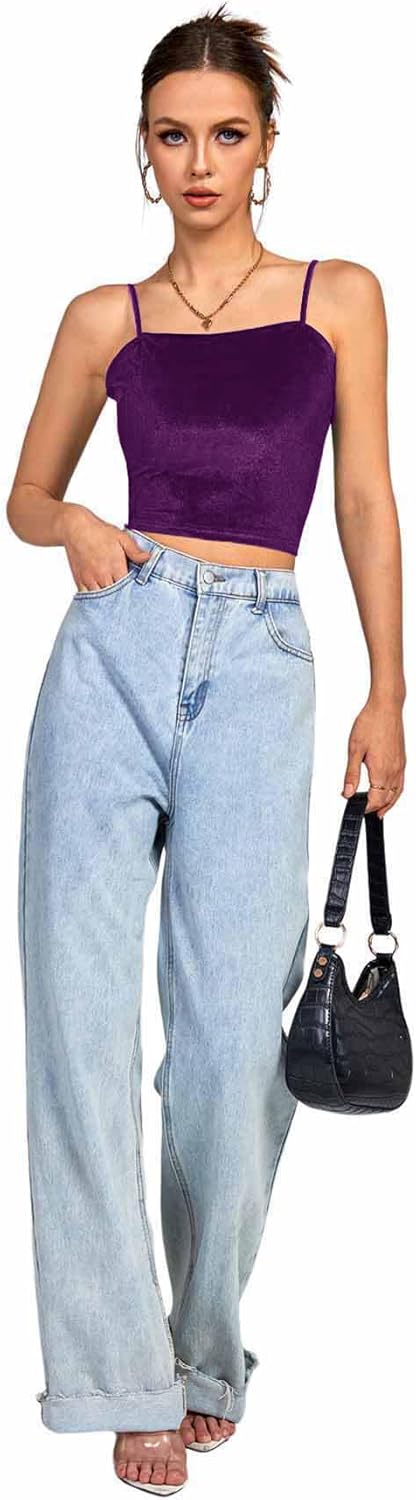 Vrtige Women's Velvet Spaghetti Strap Sleeveless Cami Tank Crop Top - Image 4