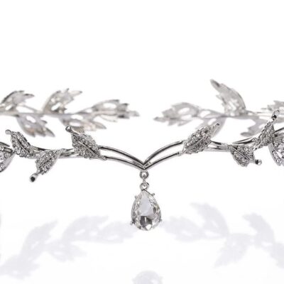 TRAWOLF Bridal Pearl Headband Leaf Crystal Tiara Bridal Headpiece, Wedding Tiara Beaded Forehead Band Crystal Rhinestones Wedding for Her Party Headpiece for Bride Bridesmaid Girls-Silver