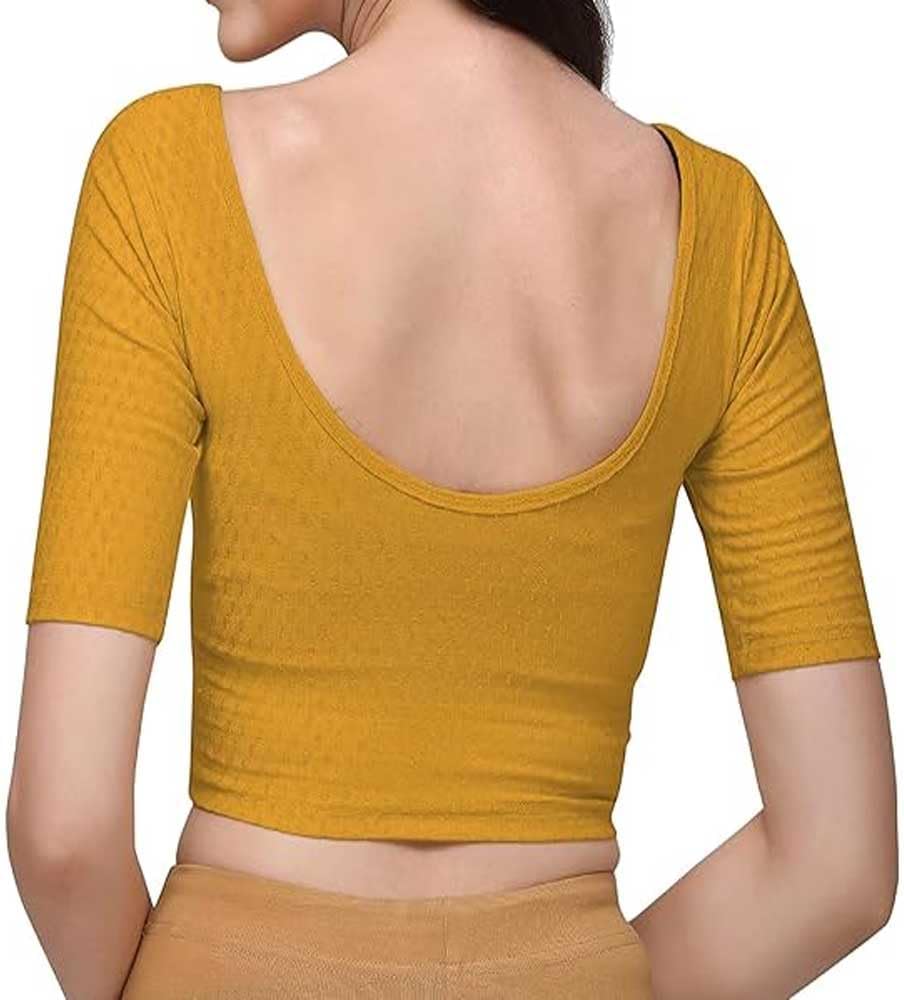 Cotton Lycra Stretchable Sari Blouse Round Neck Half Sleeve Dry Fit Workout Crop Top Gym Sports Top for Women - Image 2