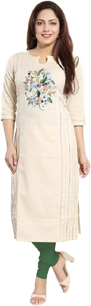 DREAM & DZIRE Kurta for Women in Plus Size Kalamkari Embroideried Long Round Neck Straight fit.