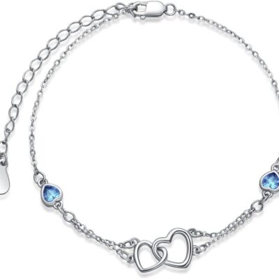 Dorunmo Anklet/Bracelet for Women 925 Sterling Silver Birthstone Jewelry Cubic Zirconia Double Heart Chain Jewelry for Mom Wife Friend Bride Valentine's Day Christmas Birthday Mother's Day