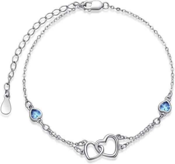 Dorunmo Anklet/Bracelet for Women 925 Sterling Silver Birthstone Jewelry Cubic Zirconia Double Heart Chain Jewelry for Mom Wife Friend Bride Valentine's Day Christmas Birthday Mother's Day