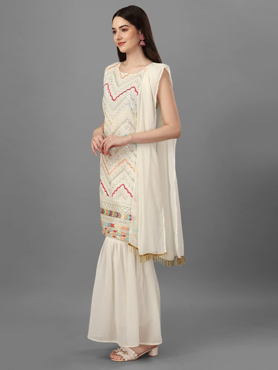 Womens Georgette Party Wear Embroidered Kurta and Sharara With Dupatta - Image 4