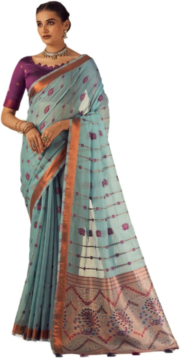Mysha Cotton Saree, Peacock and Floral Motifs, Unstitched Blouse,