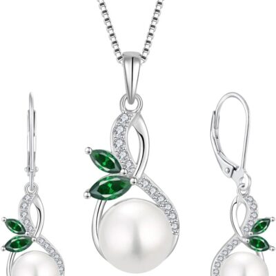 Pearl Earrings Necklaces 925 Sterling Silver Infinity Butterfly Dangle & Drop Jewelry for Women May Emerald Birthstone Jewelry Ser with 10mm Freshwater Culture Pearl Jewelry