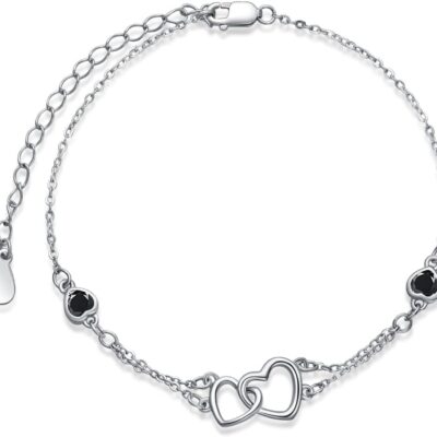 Dorunmo Anklet/Bracelet for Women 925 Sterling Silver Birthstone Jewelry Cubic Zirconia Double Heart Chain Jewelry for Mom Wife Friend Bride Valentine's Day Christmas Birthday Mother's Day