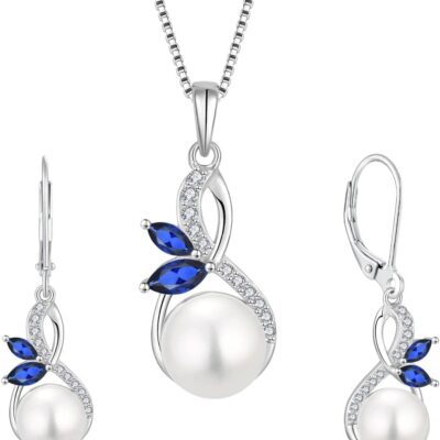 Pearl Earrings Necklaces 925 Sterling Silver Infinity Butterfly Dangle & Drop Jewelry for Women September Sapphire Birthstone Jewelry Ser with 10mm Freshwater Culture Pearl Jewelry
