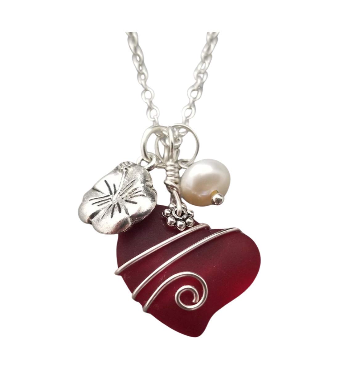 Handmade in Hawaii, Ruby Red Heart Sea Glass wire wrap Necklace, Hibiscus and Natural pearl,"July Birthstone", (Hawaii Gift Wrapped, Customizable Gift Message) (Non-Personalized)