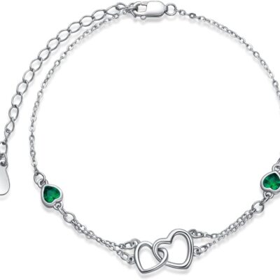 Dorunmo Anklet/Bracelet for Women 925 Sterling Silver Birthstone Jewelry Cubic Zirconia Double Heart Chain Jewelry for Mom Wife Friend Bride Valentine's Day Christmas Birthday Mother's Day