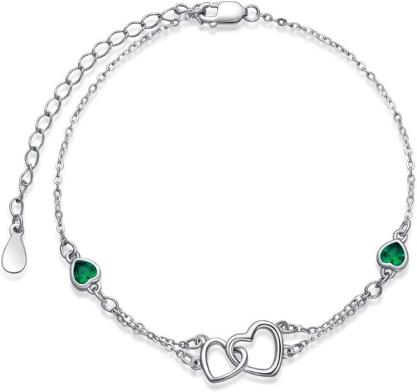 Dorunmo Anklet/Bracelet for Women 925 Sterling Silver Birthstone Jewelry Cubic Zirconia Double Heart Chain Jewelry for Mom Wife Friend Bride Valentine's Day Christmas Birthday Mother's Day
