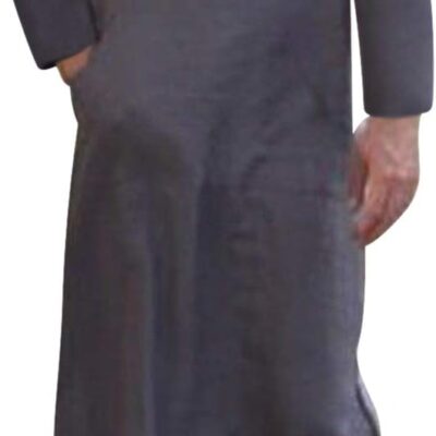 Jacansi Men's V-neck Short Sleeve Robe Side Split Kaftan Cotton Long Gown Thobe S-3XL