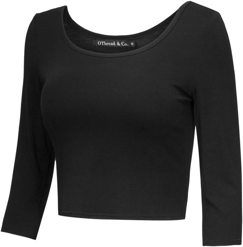 OThread & Co. Women's Crop Tops Basic Stretchy Scoop Neck 3/4 Sleeve T-Shirt - Image 2