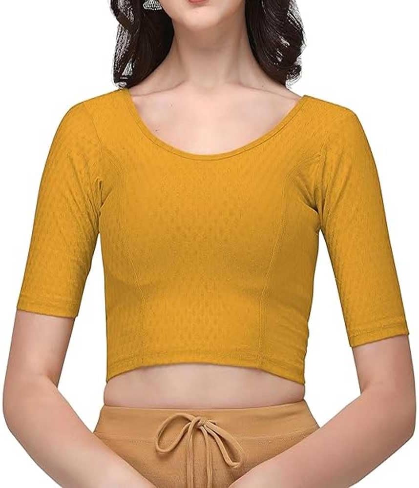 Cotton Lycra Stretchable Sari Blouse Round Neck Half Sleeve Dry Fit Workout Crop Top Gym Sports Top for Women