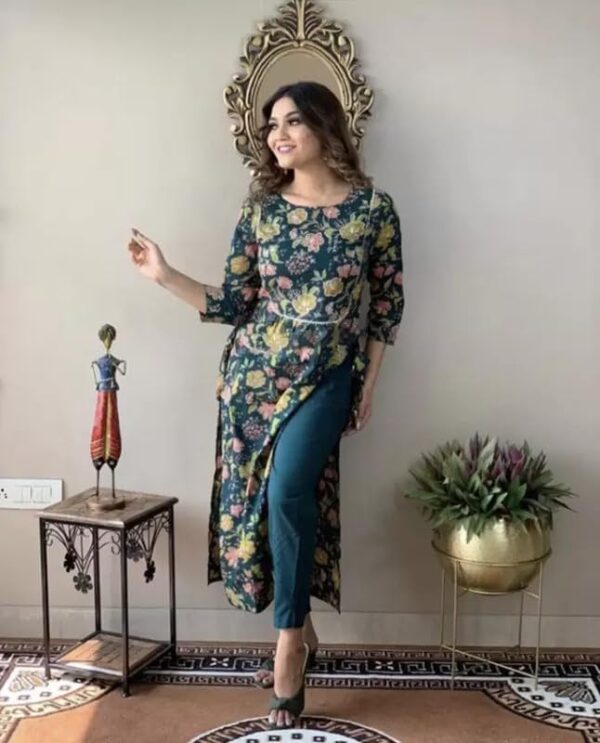 Women's Cotton Straight long Naira Cut kurti Pant Set Gota Embroidered Indian Ethnic Kurti Pant Set for Women - Image 2