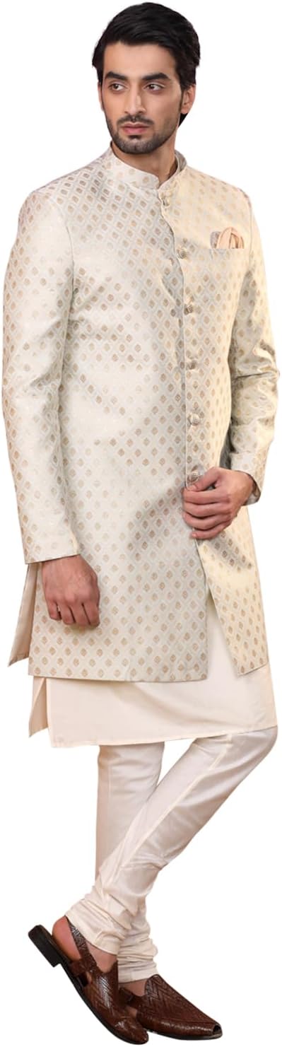 KISAH Men's Off-White Jacquard Indowestern Sherwani Kurta & Pajama Set - Regular Fit, Mandarin Collar |Indian Ethnic