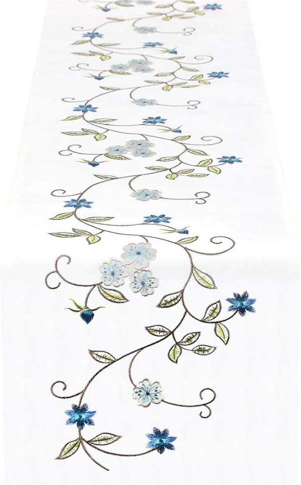 Simhomsen Double Thickness Rustic Embroidered Floral Table Runners for Spring and Summer, Dresser Scarf (Blue, 14 × 70 Inch) - Image 7