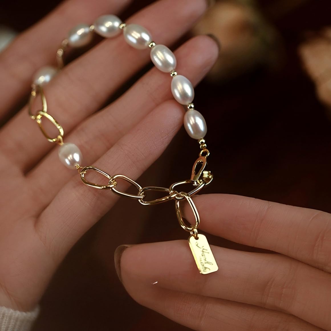 Handcrafted Natural Freshwater Baroque Pearl Bracelet,14k Gold Plated Chain,Minimalist designs are perfect for layering (Chain Pearl) - Image 6