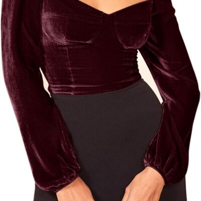 R.Vivimos Women's Fall Velvet Long Sleeves Square Neckline Casual Vintage Crop Tops Blouse