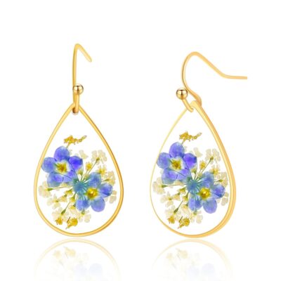 Pressed Flower Earrings,Handmade Pressed Forget-me-not Flower Earrings for Women,Unique Resin Drop Dangle Plant Earrings Dry Flowers,Ideal for your birthday party, Christmas, Gift-giving.