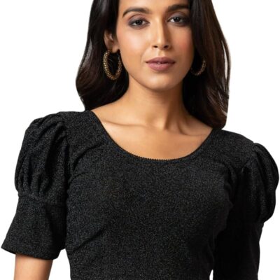 Women's Readymade Shining Lycra Stretchable Round Neck Half Sleeve Blouse