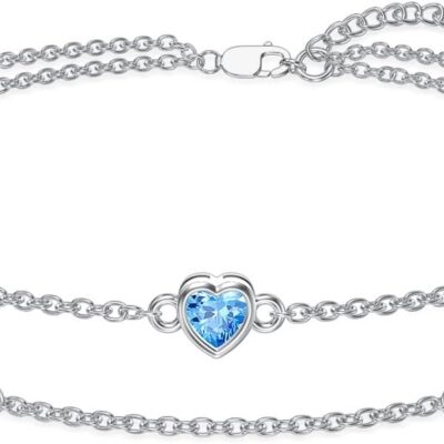 Dorunmo Birthstone Anklet Bracelets for Women 925 Sterling Silver Heart Birthstone Anklet Bracelet Birthday Anniversary Jewelry Best Mother's Day for Women Wife Her