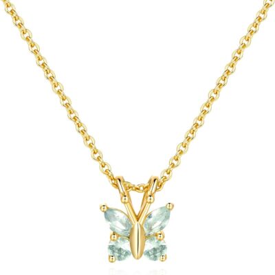 Butterfly Necklace 14K Gold Necklaces for Women Trendy Diamond Necklaces Lightweight Dainty Gold Necklace Light Blue CZ Stones