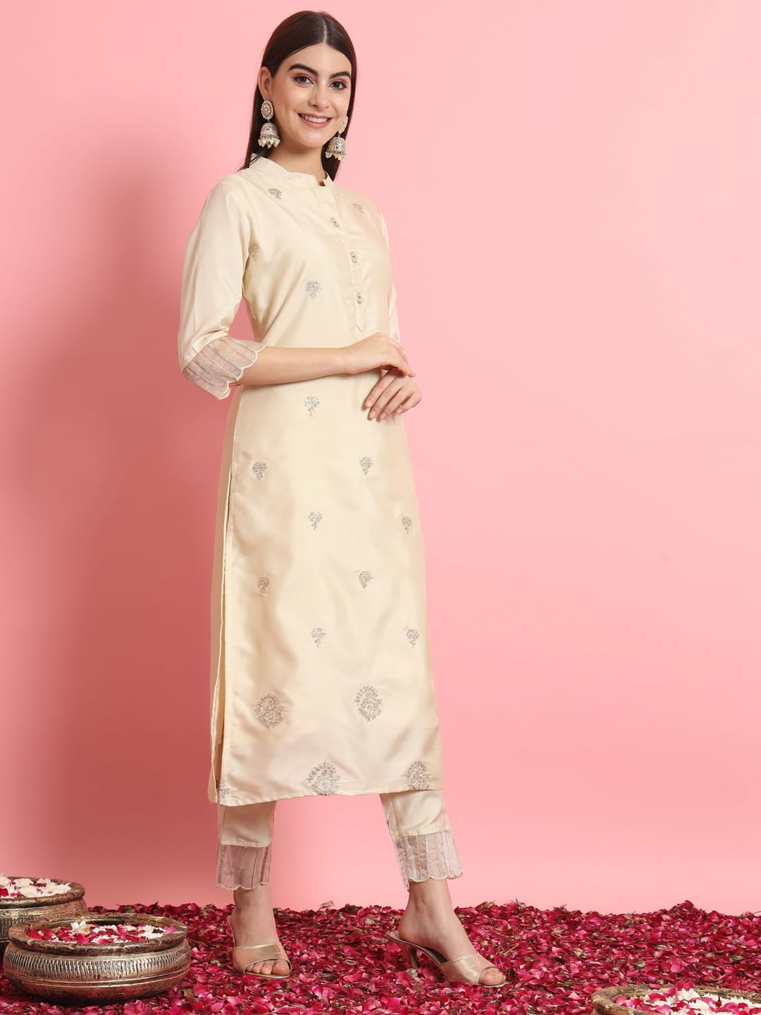 VredeVogel Women's Silk Blend Embroidered Kurta with Pant & Dupatta Set - Image 9