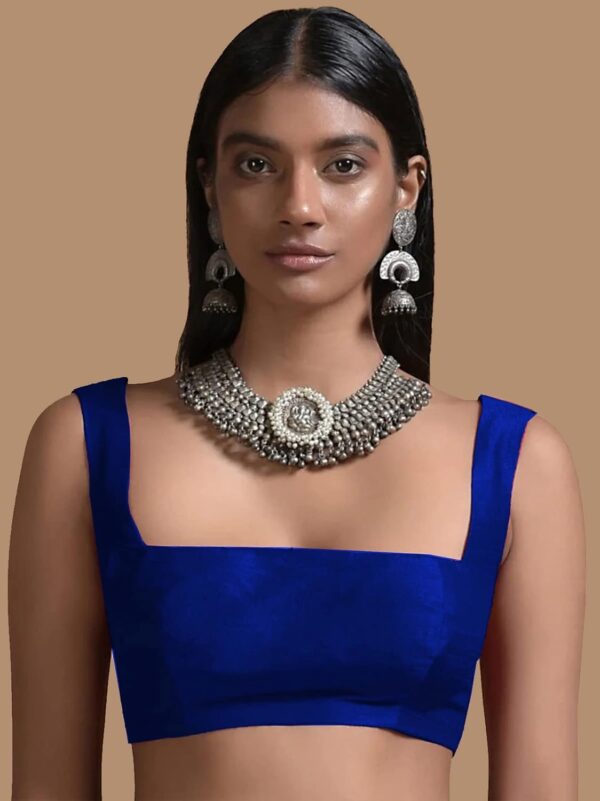 Women's Readymade Banglori Silk Royal Blue Blouse For Sarees Indian Bollywood Designer Padded Stitched Choli Crop Top - Image 3