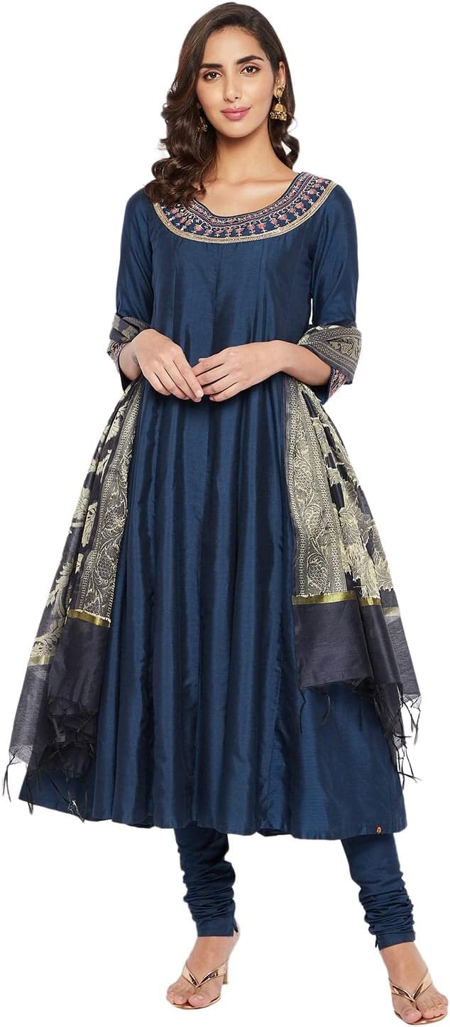 Indian Indigo Cotton Silk Anarkali Kurta, Churidar Pant & Dupatta for Women | 3/4 Sleeves, Round Neck, Ankle Length