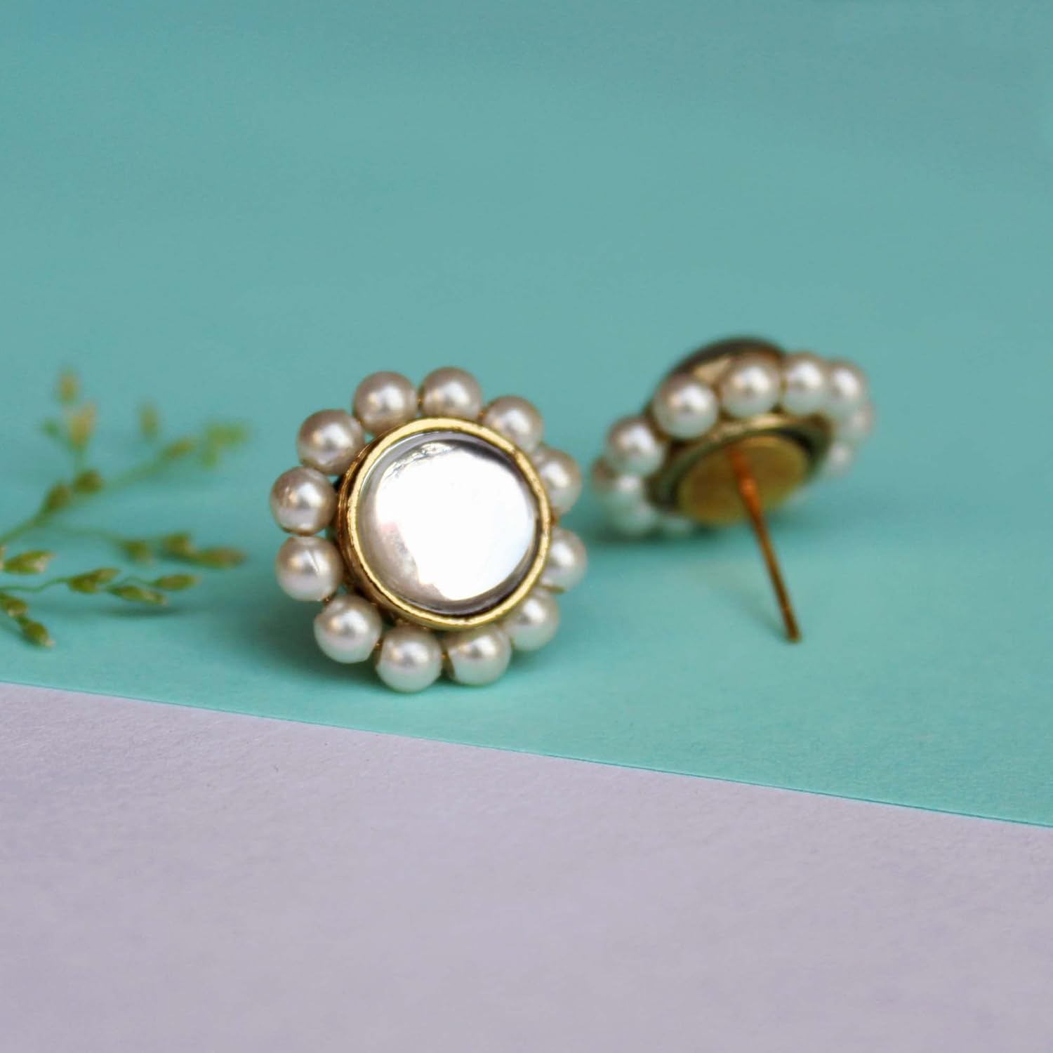 Round White Pearl Kundan Studs Handmade In India Kundan Earrings Small Cute Studs For Grils Gen Z Fashion Jewelry Kundan Round Earrings Pearl Studs Designer Indian Unique Earrings - Image 3