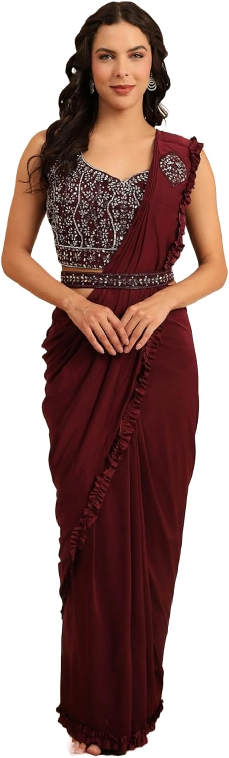 Fancy Ready To Wear Indian One Minute Saree Pre - Pleated Designer Belt Sari 8146 Amo