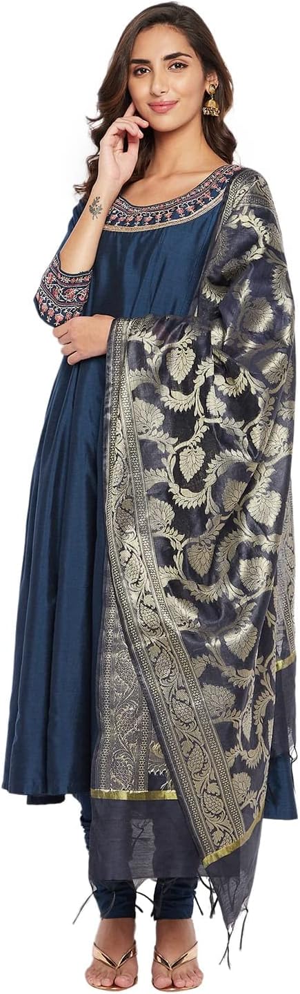 Indian Indigo Cotton Silk Anarkali Kurta, Churidar Pant & Dupatta for Women | 3/4 Sleeves, Round Neck, Ankle Length - Image 9