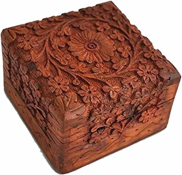 AnNafi® Handcrafted Wooden Jewely Box with Floral Carvings | Beautiful Multipurpose Storage Jewel Organiser Red Velvet Interior | Best Gift Box 4x4 Inch Jewewllery boxes