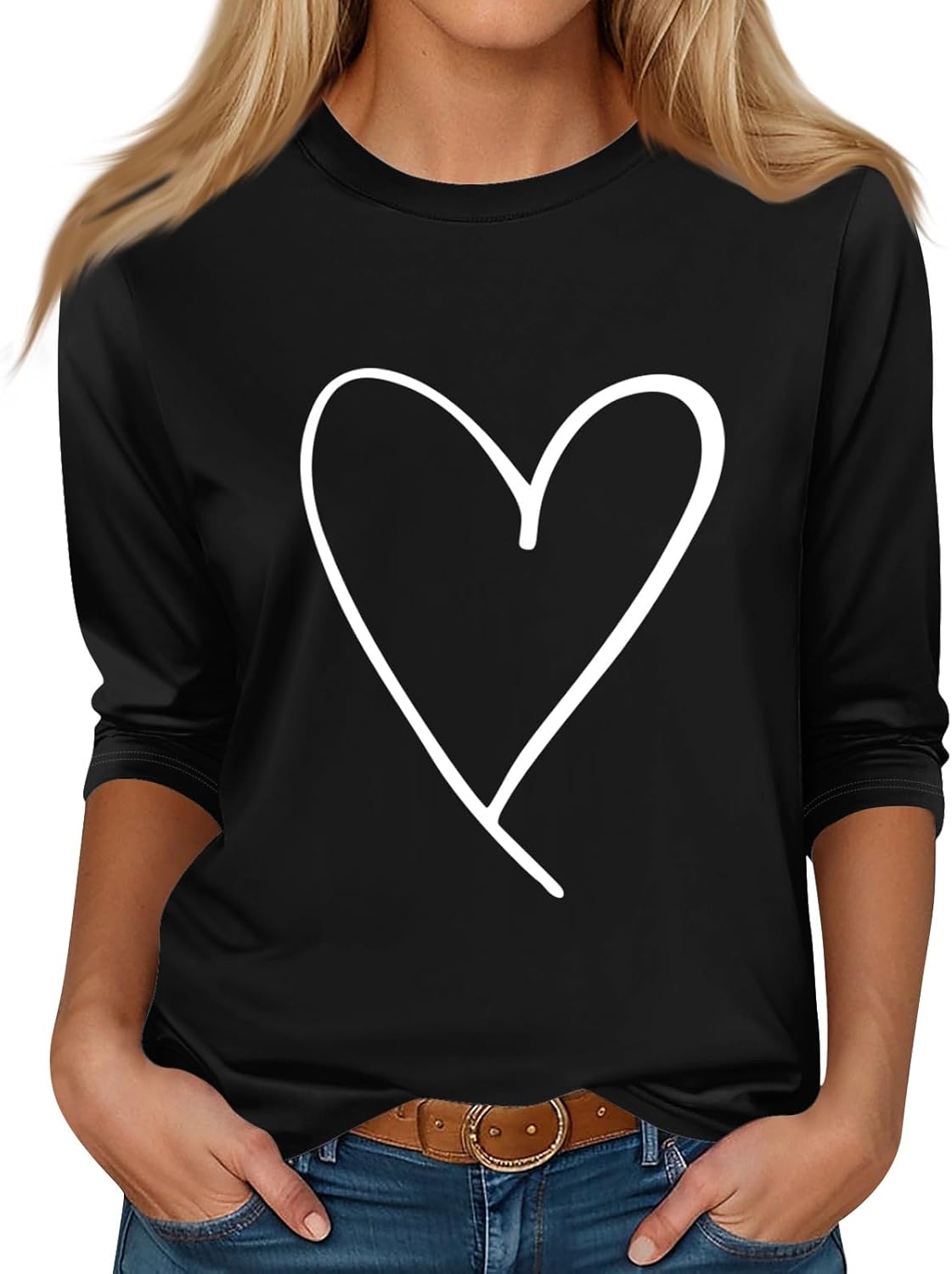 Shirts for Women 3/4 Length Sleeve Crewneck Tops Fall Winter Trendy Loose Casual Printed Three Quarter Cute Blouse