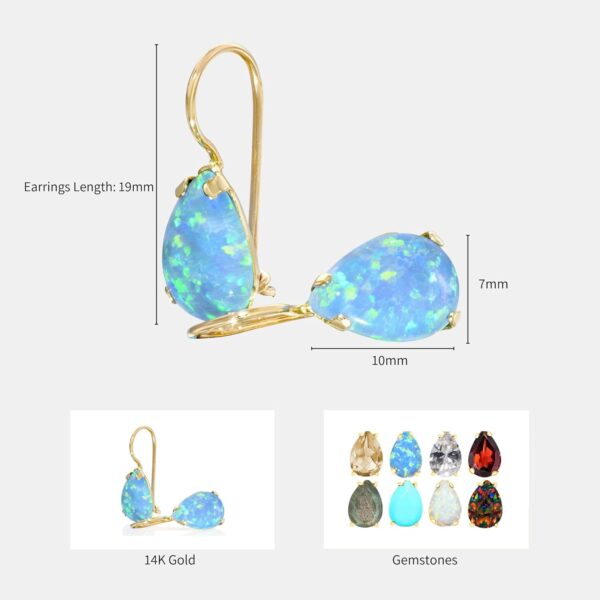 14K Gold Blue Opal Teardrop Earrings - 14K Solid Yellow Gold Pear Shape Drop Earrings with Dangle October Birthstone, Medium Size 7x10mm Blue Opal Gemstone Jewelry - Handmade Gift for Classy Women - Image 7