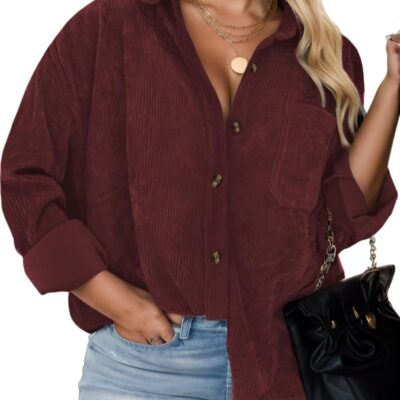 Plus Size Shackets for Women Fashion Fall Outfits Corduroy Shirts with Pockets Casual Long Sleeve Button Down Blouse Tops