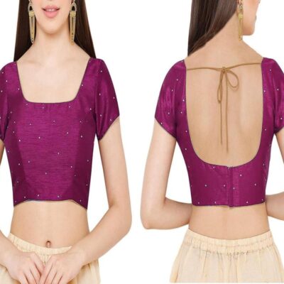 Dupion Solid Saree Readymade Beaded Blouse Square Collar Top Short Sleeve Back Hook & Eye With Dori Closure Choli Sari