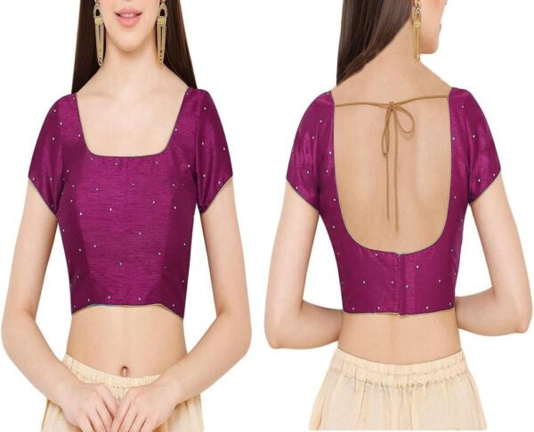Dupion Solid Saree Readymade Beaded Blouse Square Collar Top Short Sleeve Back Hook & Eye With Dori Closure Choli Sari