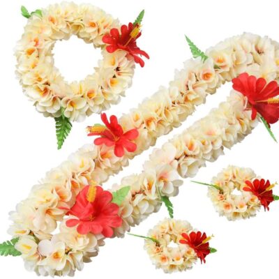 Hawaiian Luau Flower Leis Jumbo Necklace Bracelets Headband Set Mahalo Floral Leis (Light Pink)