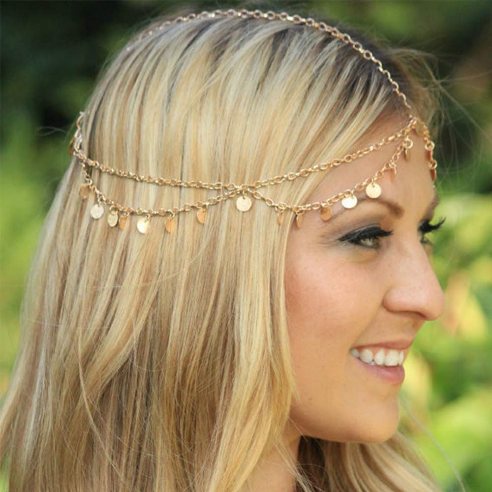 Gold Head Chain Sequins Rhinestone Headband Crystal Bohemian Hair Bands Halloween Hair Hoop Women Bridal Boho Hippie Hairband Party Decoration Cosplay Costume Handmade Headpiece Hair Jewelry 4 Pack - Image 2