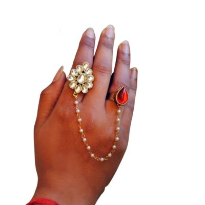 Red Pear Shape Kundan 2 Finger Ring Linked With Pearl Chain. Adjustable Double Rings. Teardrop White Kundan Flower. Ethnic Fashion Jewelry Handmade Unique Traditional Jewelry Pearl Ring Flower Ring