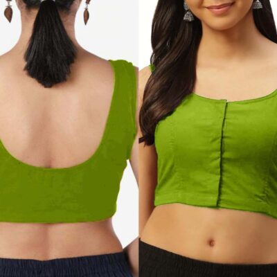 Ethnic Wear Saree Cotton Blouse Women Readymade Plain Sari Choli Top Round Neck, Sleeveless Front Hook & Eye Closure