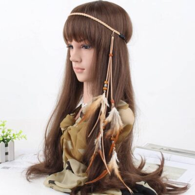 Jumwrit Boho Feather Headband Indian Hippie Gypsy Headpiece White Feather Tassel Headdress Hemp Rope Beaded Hairband Hair Accessories for Women and Girls Festival Party Decoration