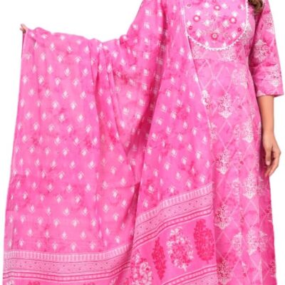 Women's Floral Print Cotton Anarkali Embroidered Kurta with Palazzo and Dupatta