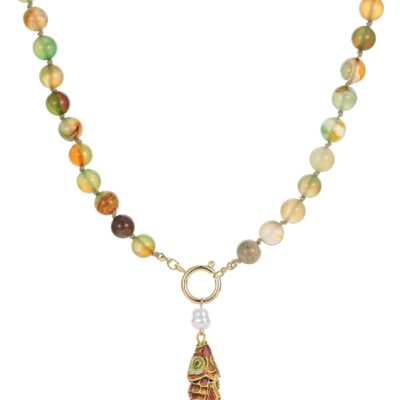 Handcrafted Multi-Colored Gemstone Beaded Necklace Gold Lucky Fish Pendant Pearl Exquisite Necklace for Women Simple Fashion Colorful Gemstones Necklaces Jewelry