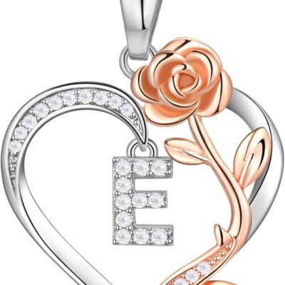 Rose Heart Initial Necklace Gifts for Women, S925 Sterling Silver Initial Letter Necklaces for Wife, Heart Letter Pendant Necklace Jewelry Mothers Day Valentines Day Anniversary Christmas Birthday Gifts for Her Mom Wife Girlfriend