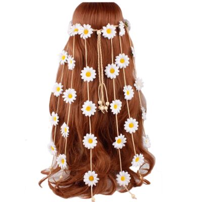 Sunflower Headband Flower Daisy Hippie Indian Boho Hair Bands Tassel Bohemian Floral Beads Halloween Hair Hoop Women Crown Hairband Party Decoration Cosplay Costume Headpiece Hair Accessories White